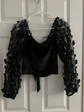 Altar'd State Black Velvet Crop Top with Floral Appliqué Sheer Balloon Sleeves